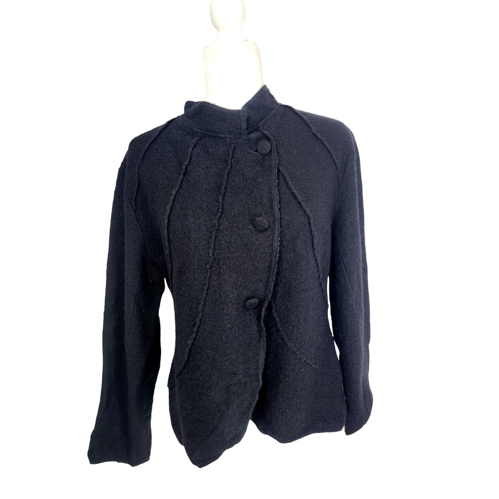 VTG Orvis Women's 100% Boiled Wool Mandarin Collar Black Button Sweater Jacket